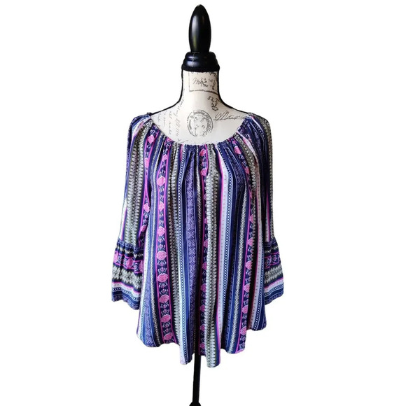 New Directions Floral Multicolor Striped Boho 3/4 Bell Sleeve Blouse Top Sz M - Picture 2 of 9